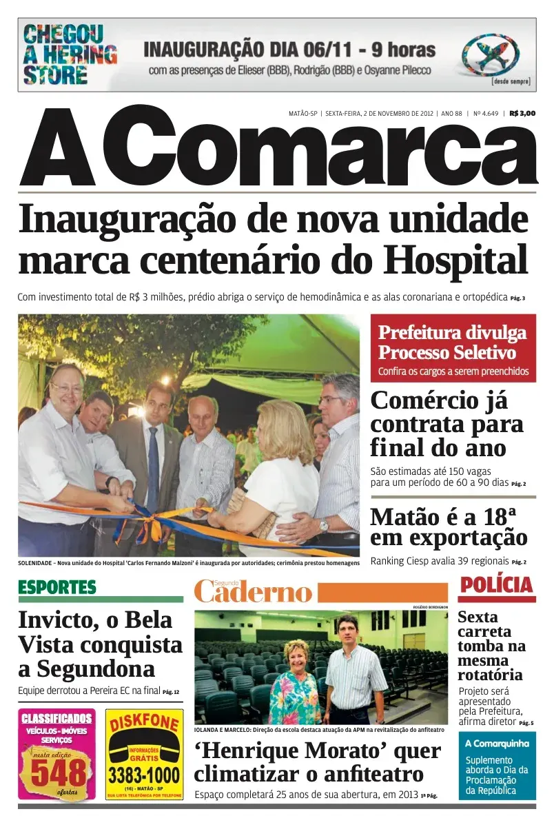 Primeira página da edição 4649 de A Comarca, 2 de novembro de 2012