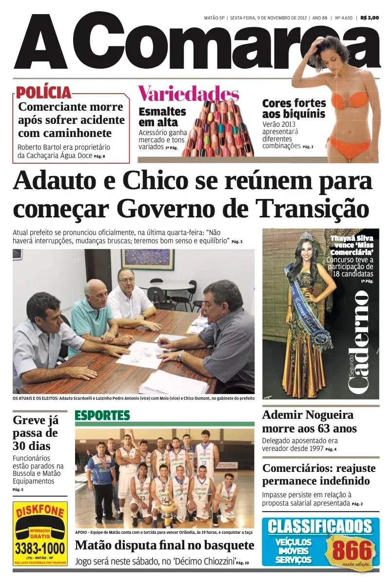 Primeira página da edição 4650 de A Comarca, 9 de novembro de 2012