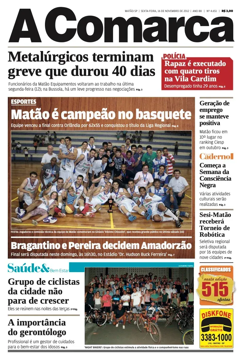Primeira página da edição 4651 de A Comarca, 16 de novembro de 2012