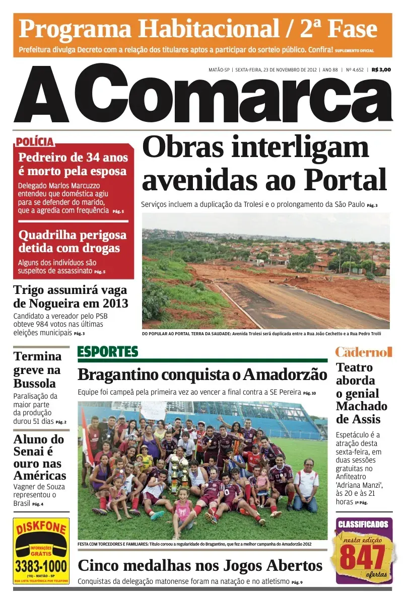Primeira página da edição 4652 de A Comarca, 23 de novembro de 2012