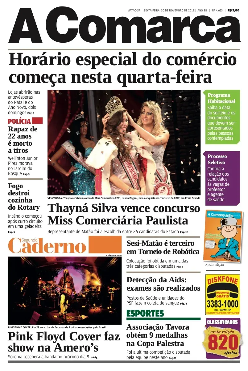 Primeira página da edição 4653 de A Comarca, 30 de novembro de 2012