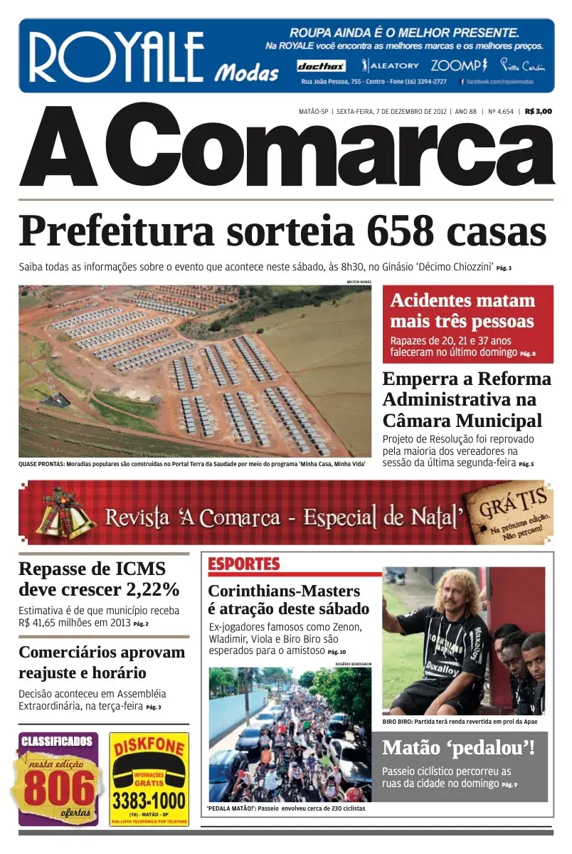 Primeira página da edição 4654 de A Comarca, 7 de dezembro de 2012