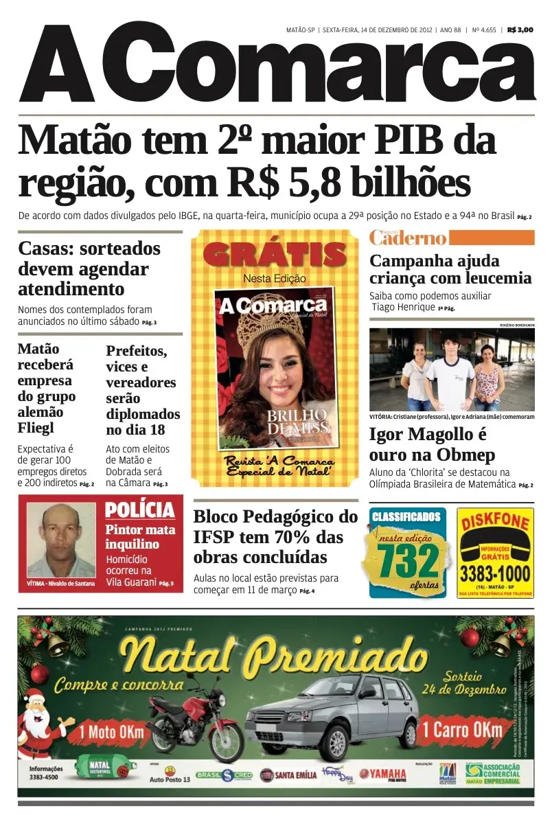 Primeira página da edição 4655 de A Comarca, 14 de dezembro de 2012