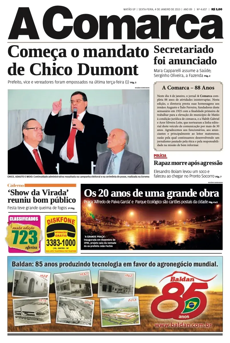 Primeira página da edição 4657 de A Comarca, 4 de janeiro de 2013