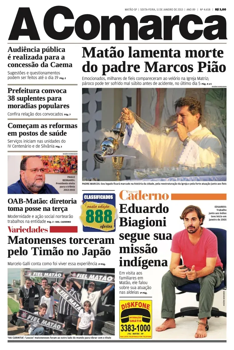 Primeira página da edição 4658 de A Comarca, 11 de janeiro de 2013