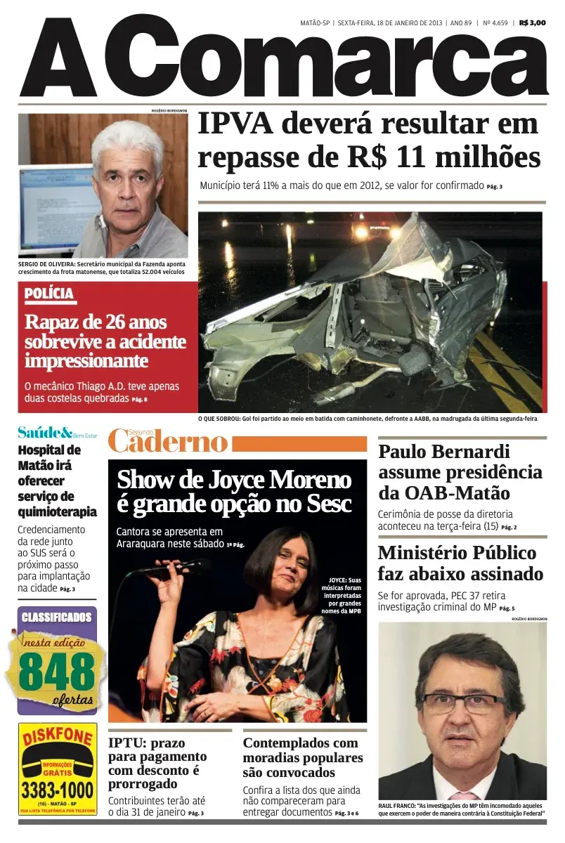 Primeira página da edição 4659 de A Comarca, 18 de janeiro de 2013