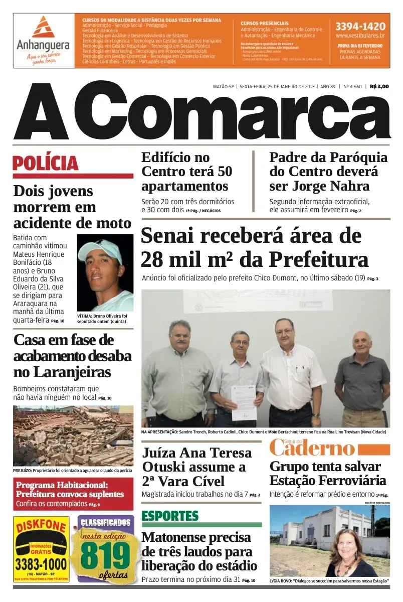 Primeira página da edição 4660 de A Comarca, 25 de janeiro de 2013