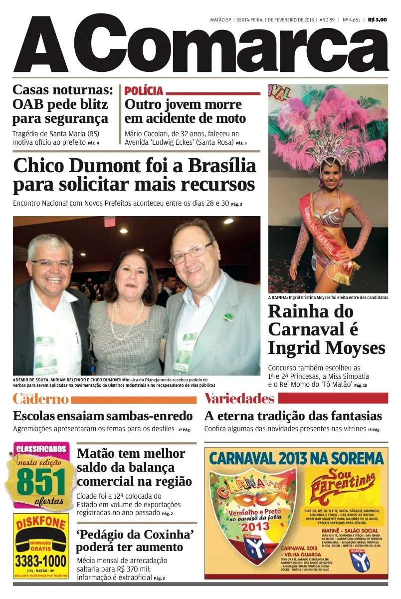 Primeira página da edição 4661 de A Comarca, 1 de fevereiro de 2013
