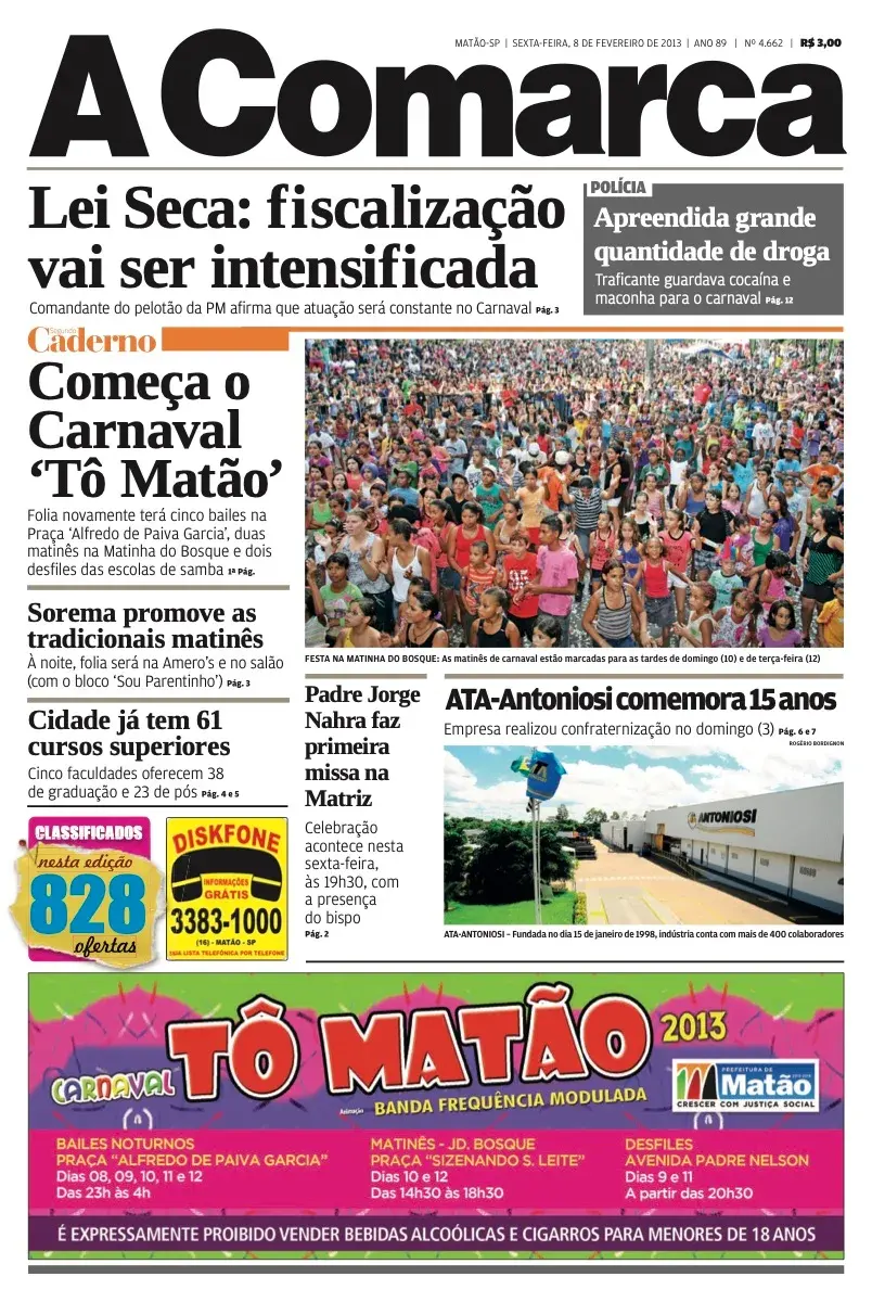 Primeira página da edição 4662 de A Comarca, 8 de fevereiro de 2013