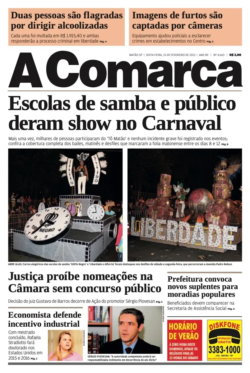 Primeira página da edição 4663 de A Comarca, 15 de fevereiro de 2013