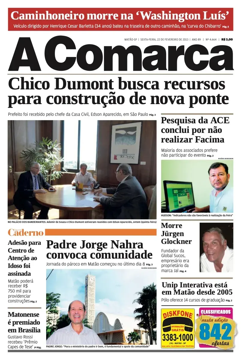 Primeira página da edição 4664 de A Comarca, 22 de fevereiro de 2013