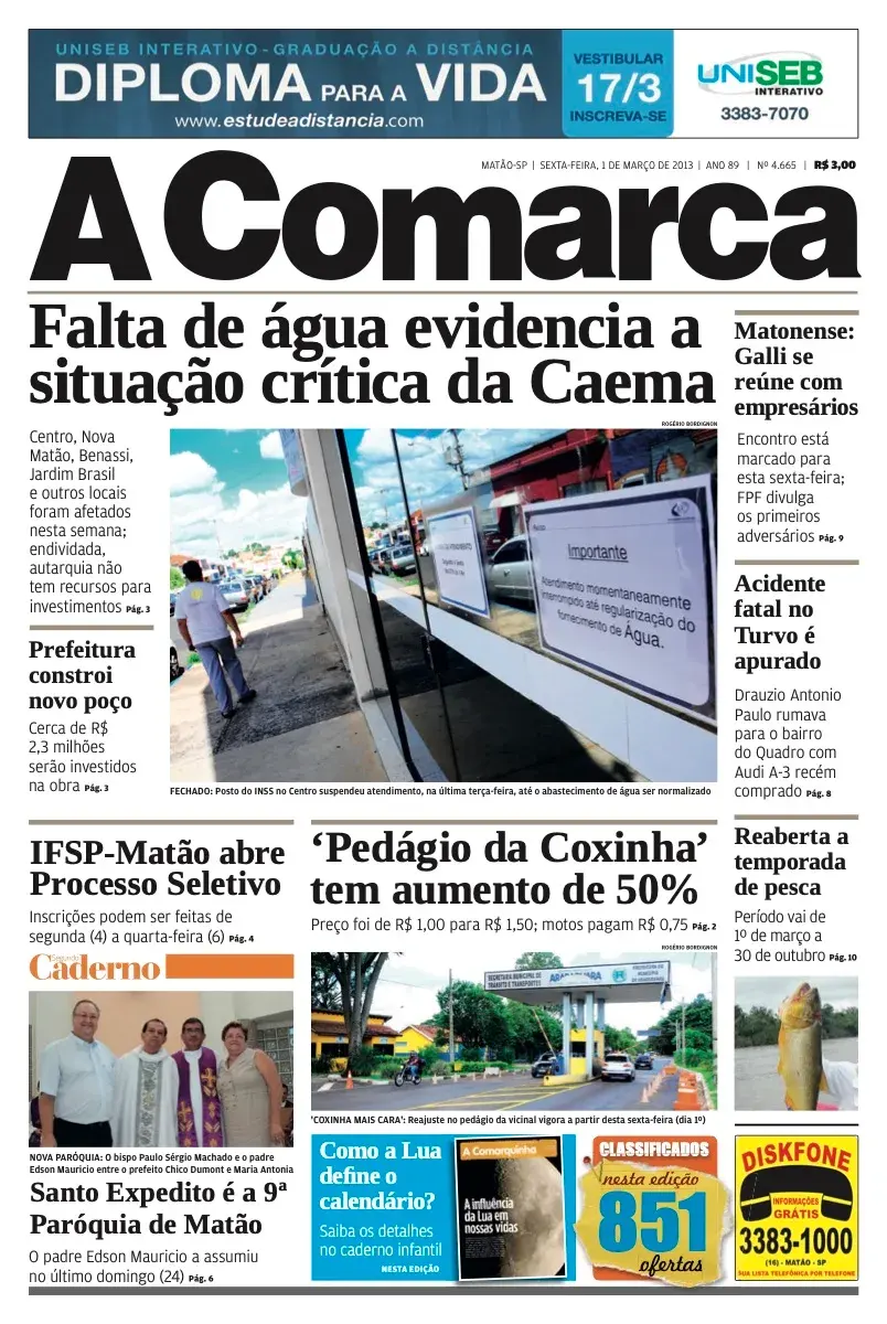Primeira página da edição 4665 de A Comarca, 1 de março de 2013