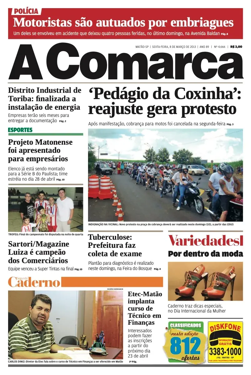 Primeira página da edição 4666 de A Comarca, 8 de março de 2013