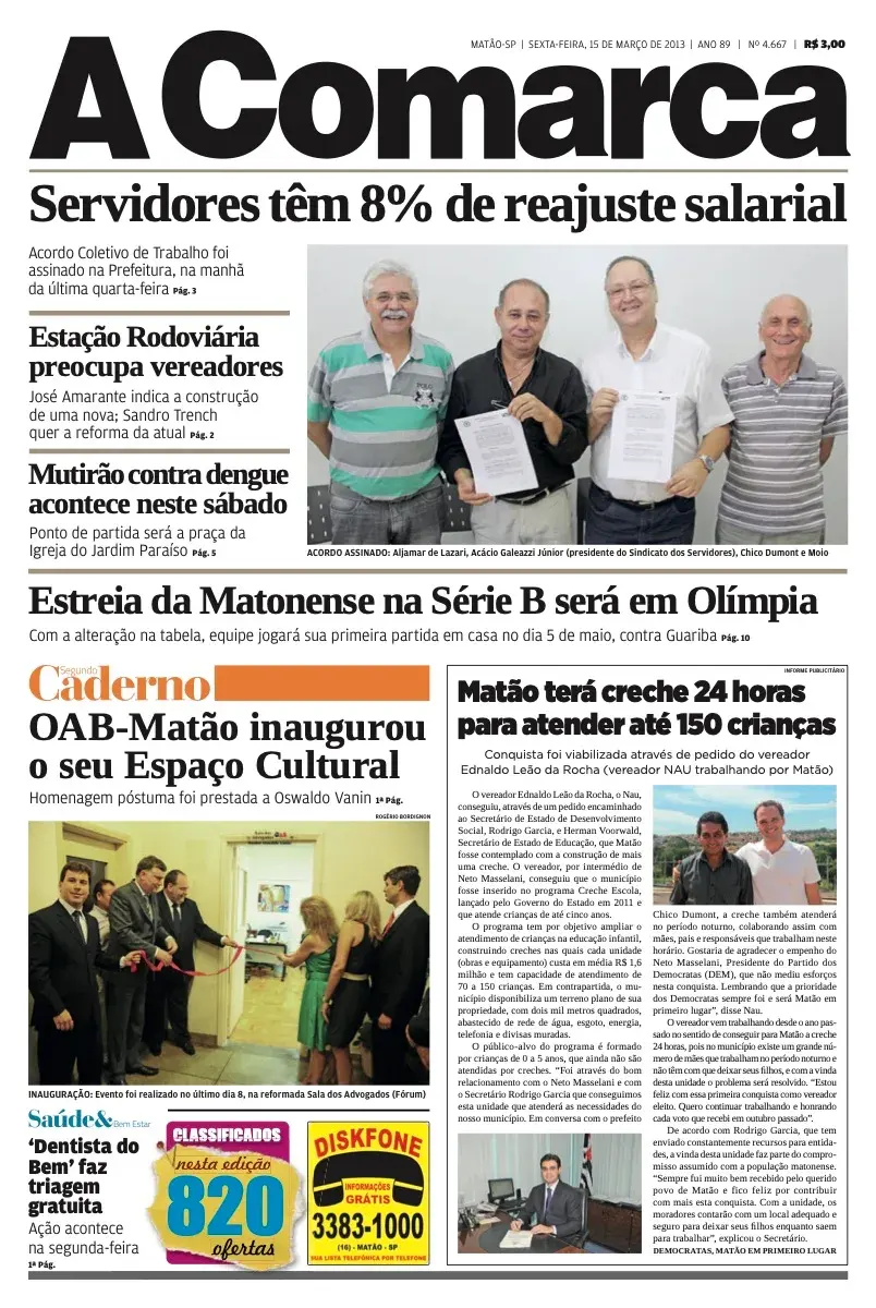 Primeira página da edição 4667 de A Comarca, 15 de março de 2013