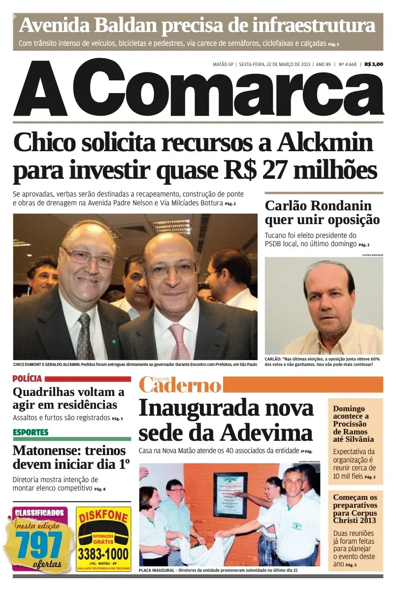 Primeira página da edição 4668 de A Comarca, 22 de março de 2013