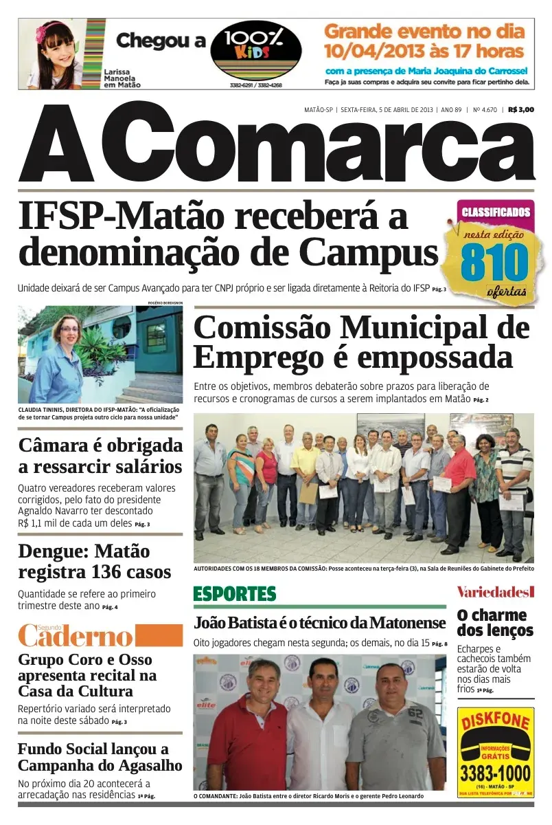 Primeira página da edição 4670 de A Comarca, 5 de abril de 2013