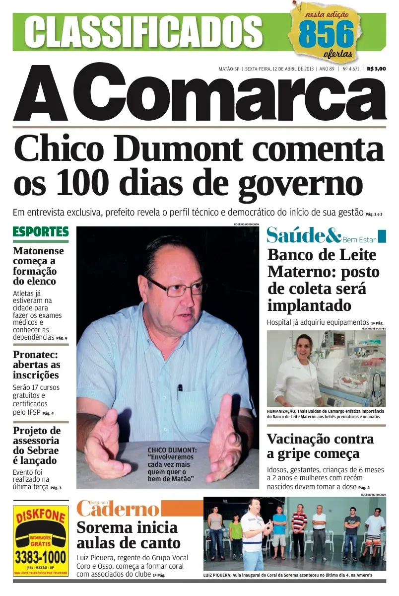 Primeira página da edição 4671 de A Comarca, 12 de abril de 2013