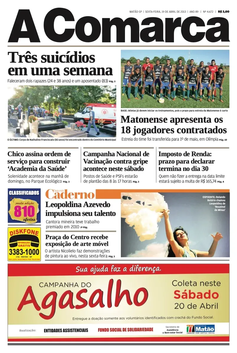 Primeira página da edição 4672 de A Comarca, 19 de abril de 2013