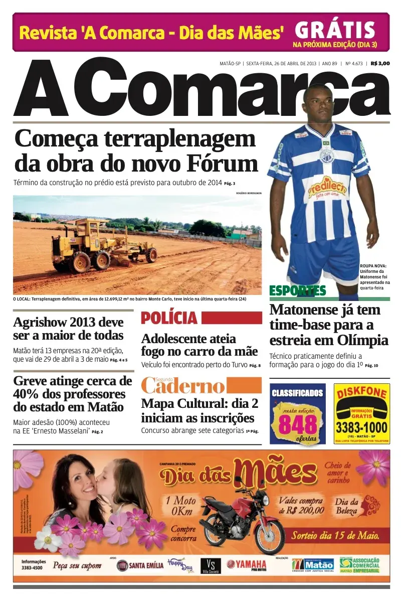 Primeira página da edição 4673 de A Comarca, 26 de abril de 2013