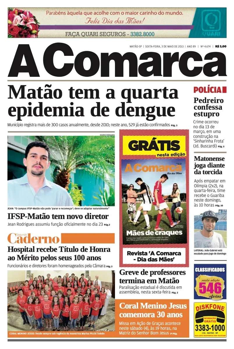 Primeira página da edição 4674 de A Comarca, 3 de maio de 2013