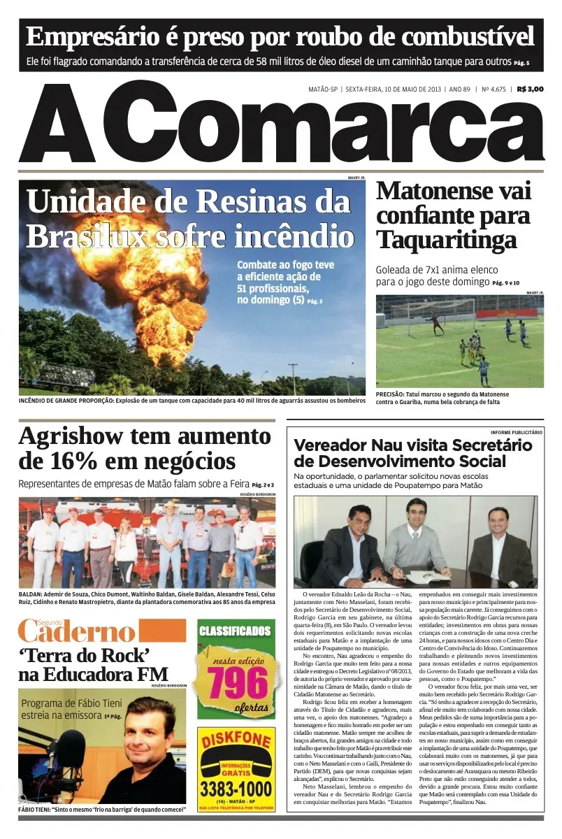 Primeira página da edição 4675 de A Comarca, 10 de maio de 2013