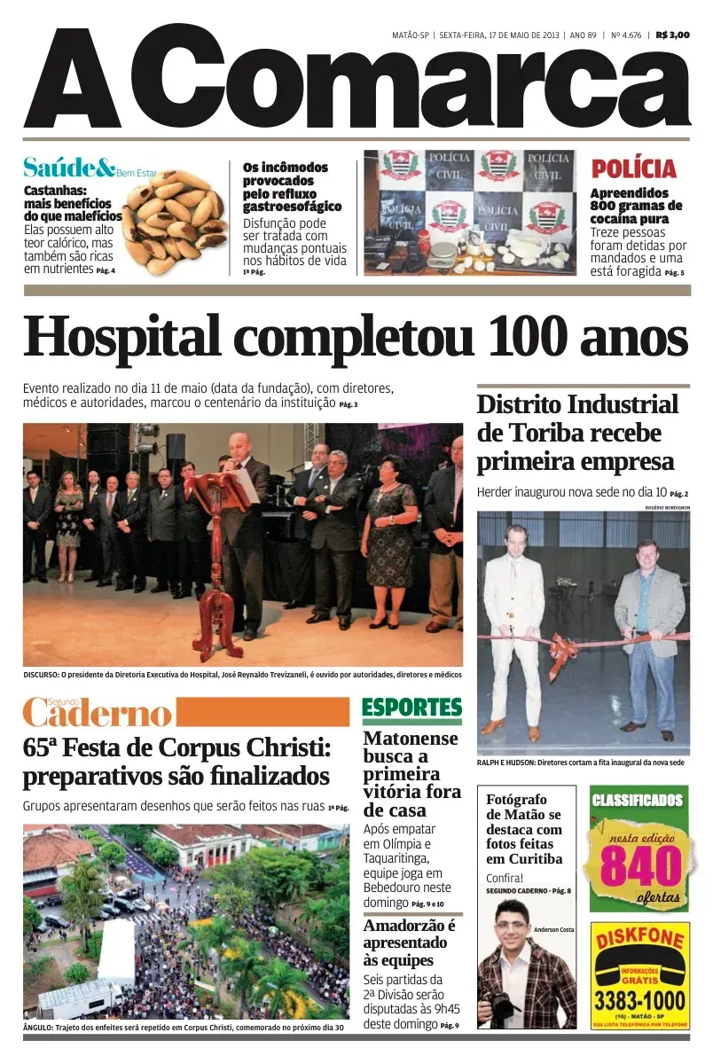 Primeira página da edição 4676 de A Comarca, 17 de maio de 2013