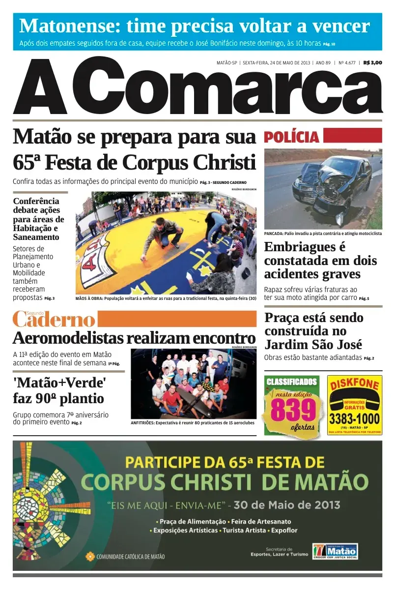 Primeira página da edição 4677 de A Comarca, 24 de maio de 2013