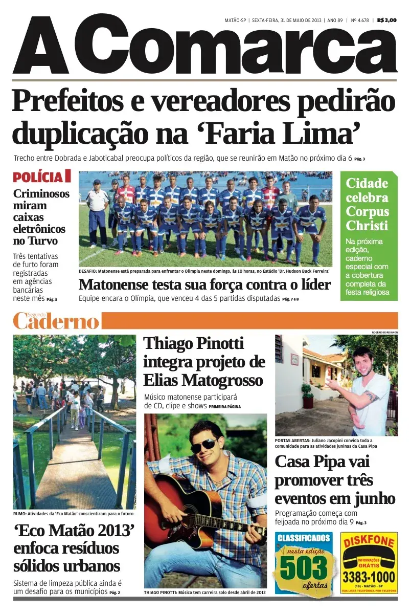 Primeira página da edição 4678 de A Comarca, 31 de maio de 2013