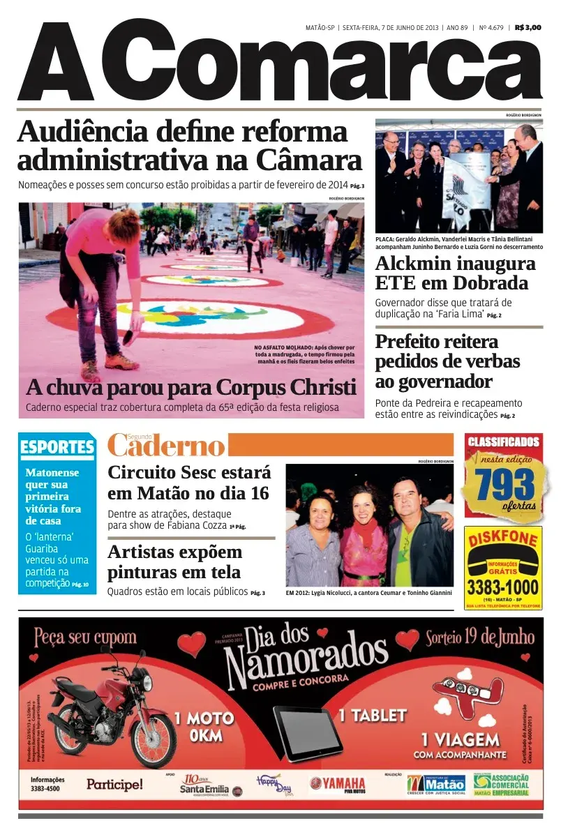 Primeira página da edição 4679 de A Comarca, 7 de junho de 2013