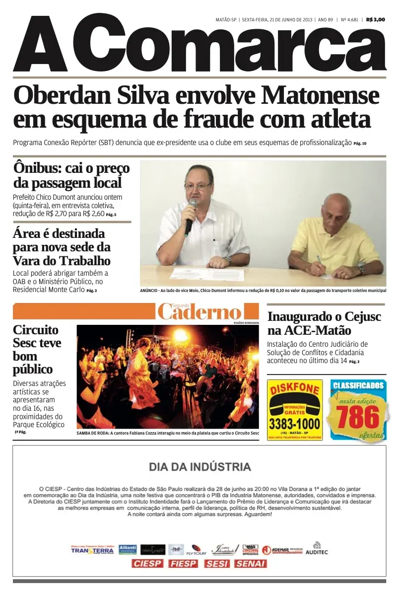 Primeira página da edição 4681 de A Comarca, 21 de junho de 2013
