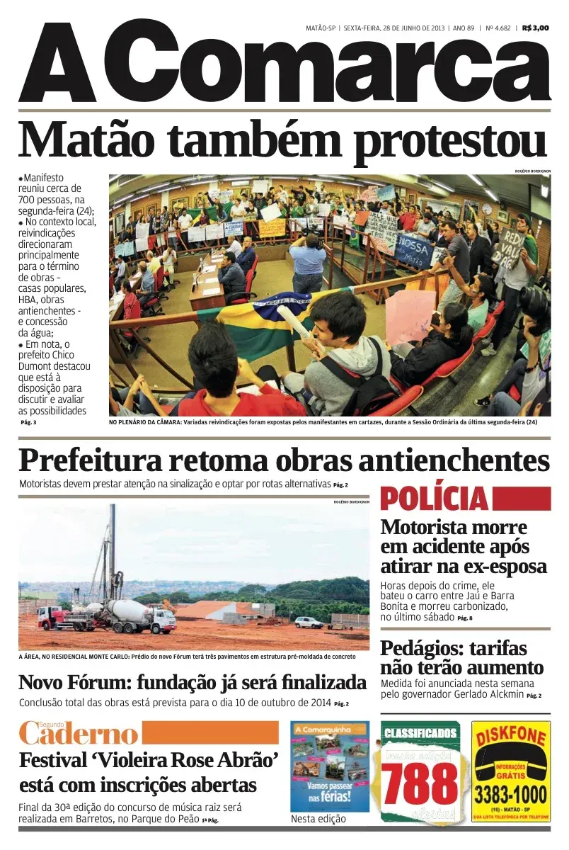 Primeira página da edição 4682 de A Comarca, 28 de junho de 2013