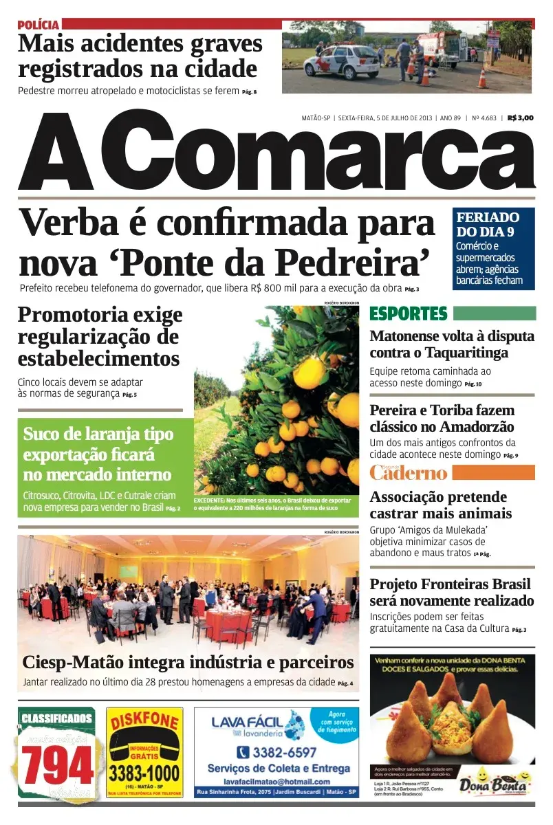 Primeira página da edição 4683 de A Comarca, 5 de julho de 2013