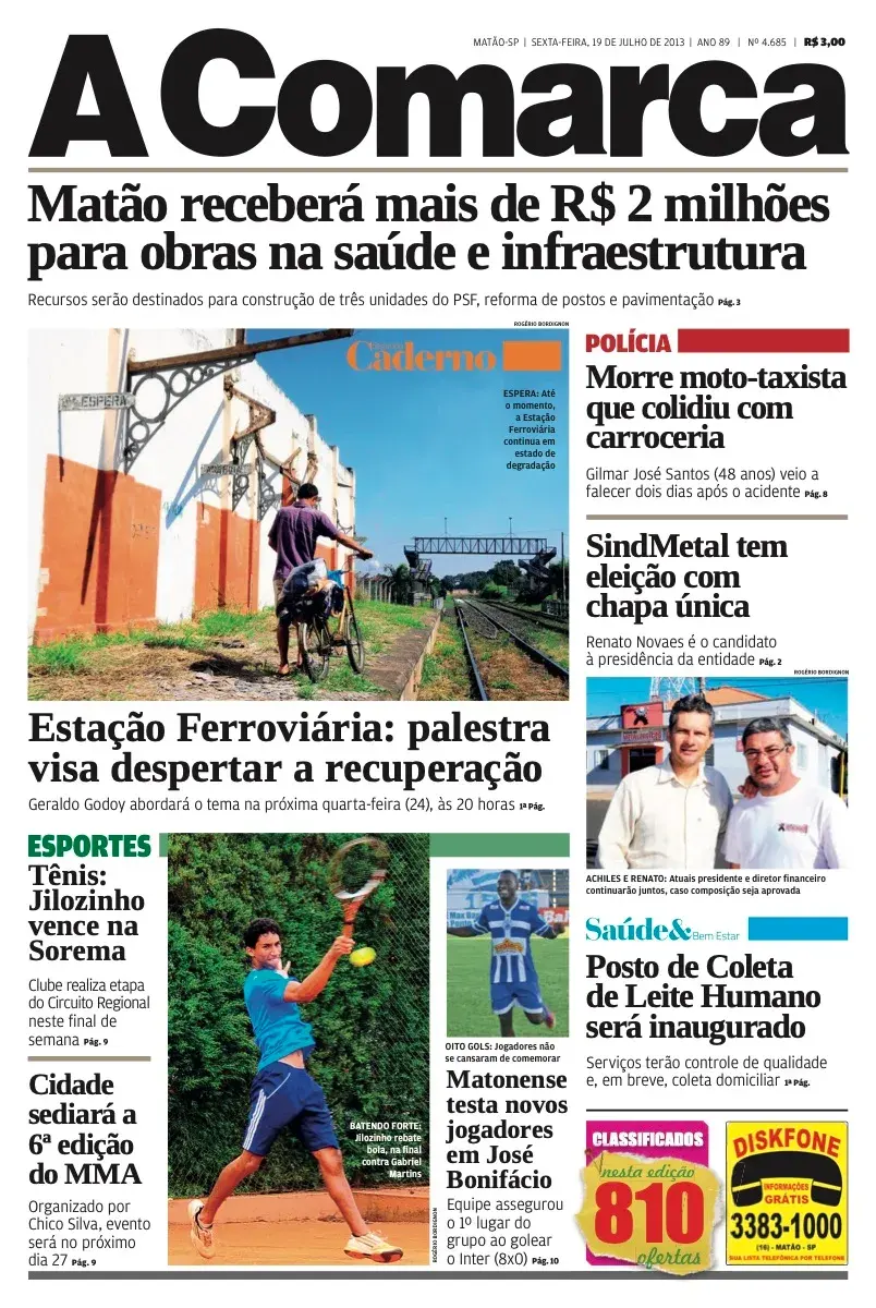 Primeira página da edição 4685 de A Comarca, 19 de julho de 2013
