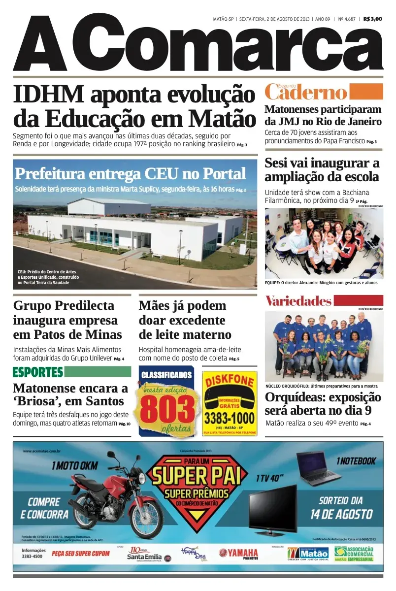Primeira página da edição 4687 de A Comarca, 2 de agosto de 2013