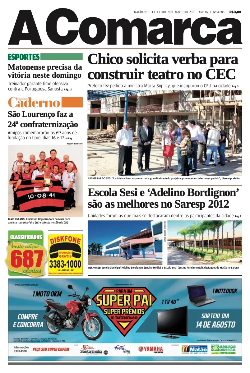 Primeira página da edição 4688 de A Comarca, 9 de agosto de 2013