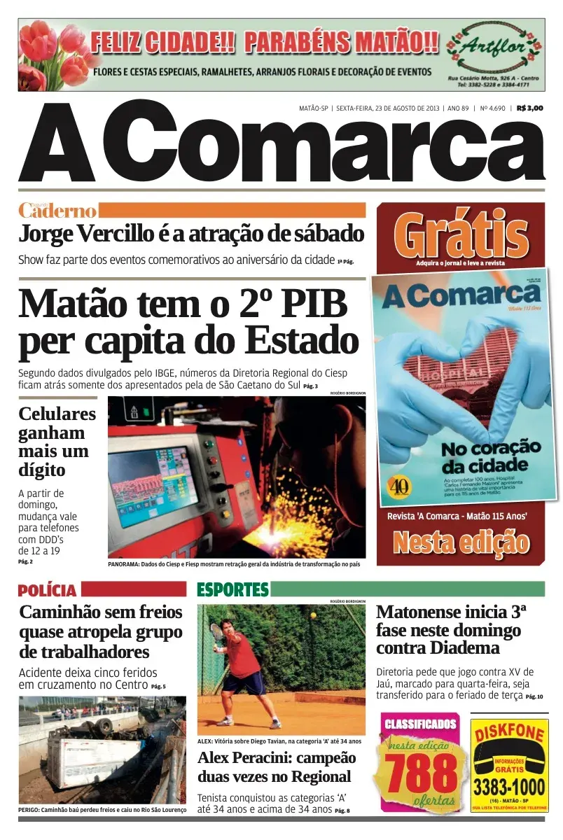 Primeira página da edição 4690 de A Comarca, 23 de agosto de 2013