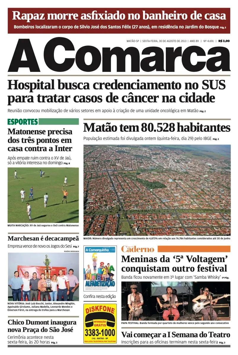 Primeira página da edição 4691 de A Comarca, 30 de agosto de 2013