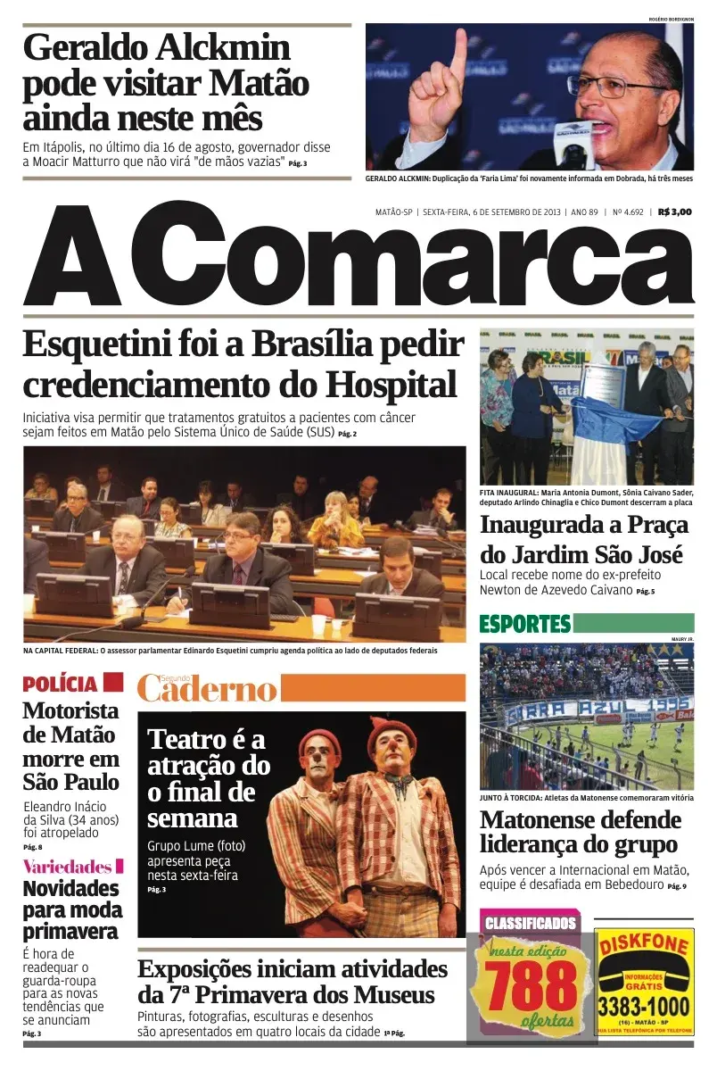 Primeira página da edição 4692 de A Comarca, 6 de setembro de 2013