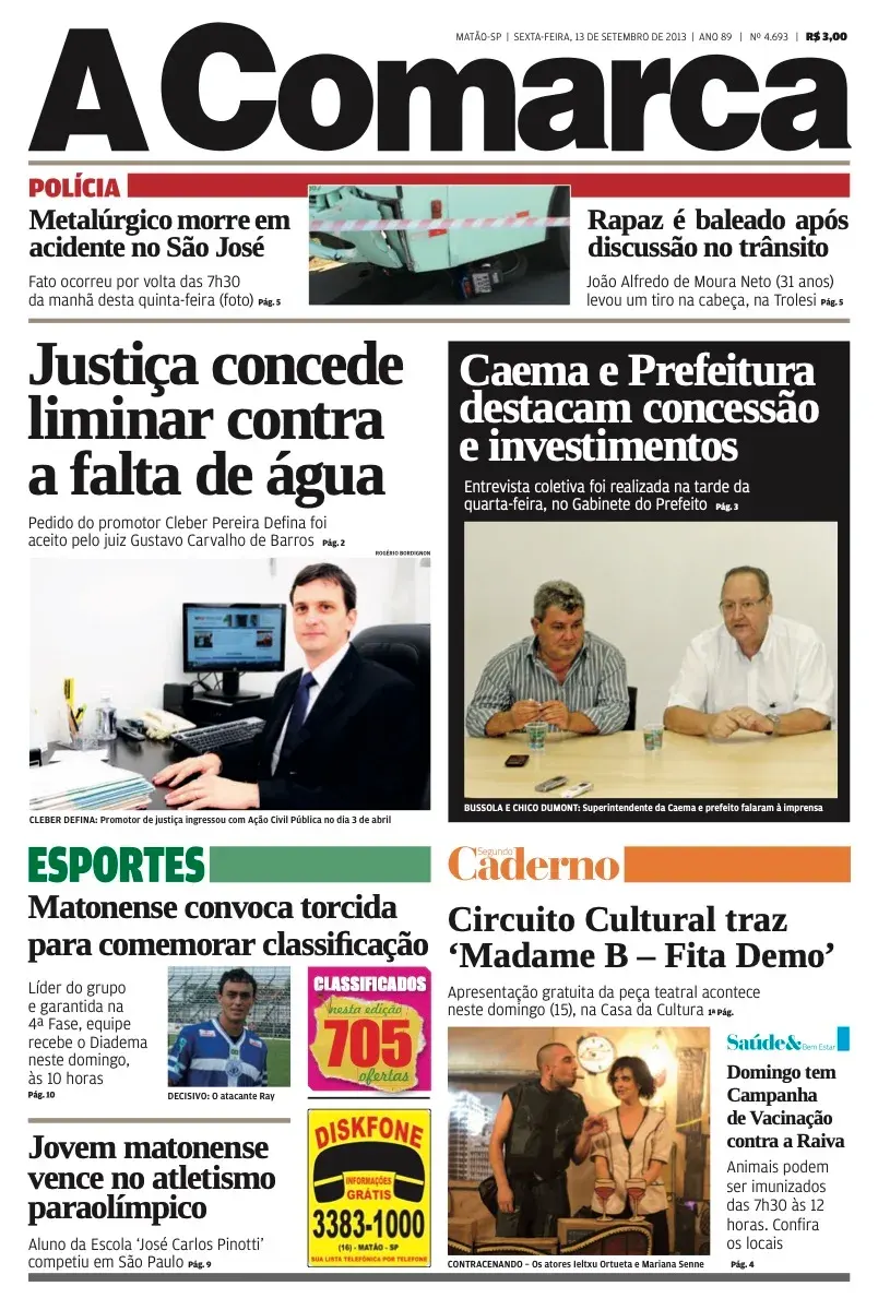 Primeira página da edição 4693 de A Comarca, 13 de setembro de 2013