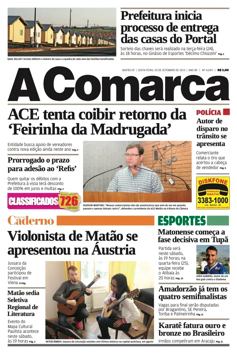 Primeira página da edição 4694 de A Comarca, 20 de setembro de 2013