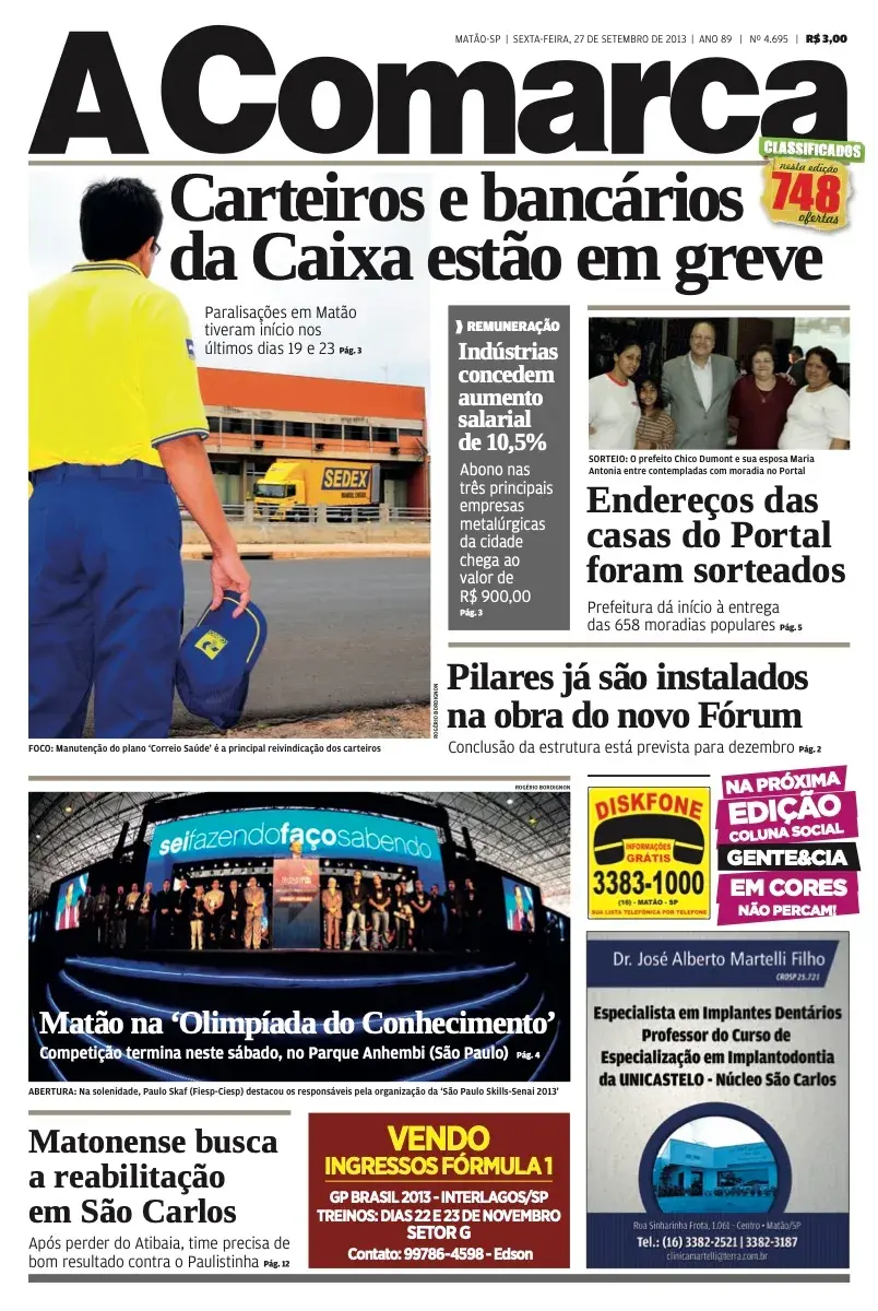 Primeira página da edição 4695 de A Comarca, 27 de setembro de 2013