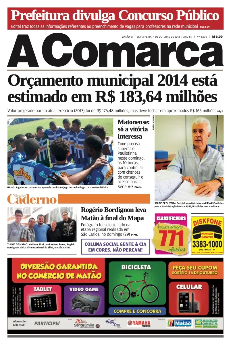 Primeira página da edição 4696 de A Comarca, 4 de outubro de 2013