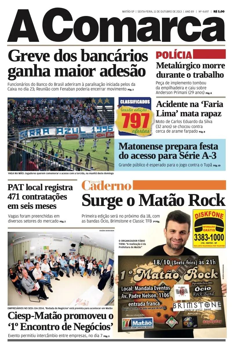 Primeira página da edição 4697 de A Comarca, 11 de outubro de 2013
