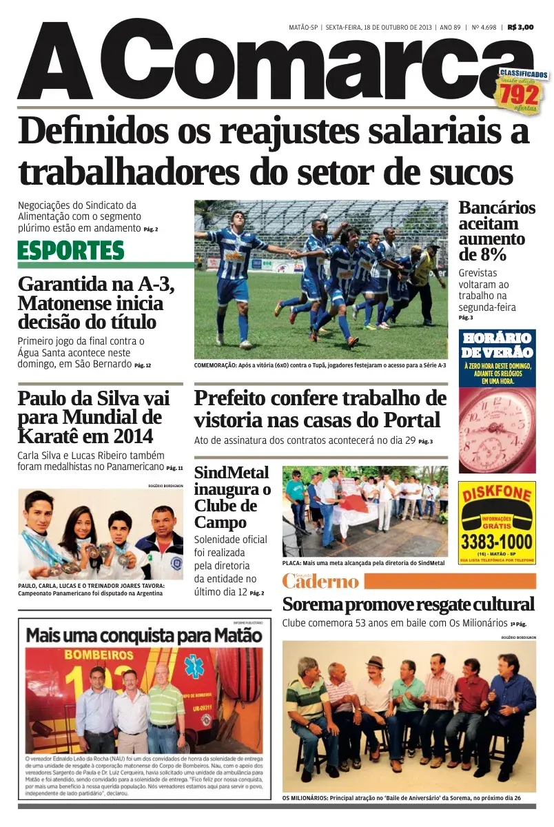 Primeira página da edição 4698 de A Comarca, 18 de outubro de 2013