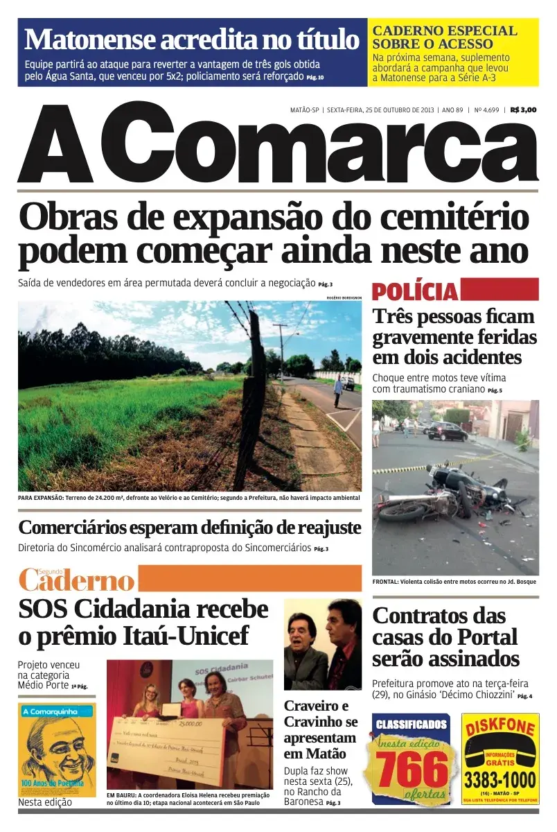 Primeira página da edição 4699 de A Comarca, 25 de outubro de 2013