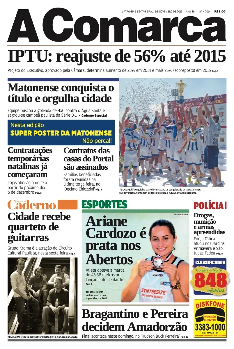 Primeira página da edição 4700 de A Comarca, 1 de novembro de 2013