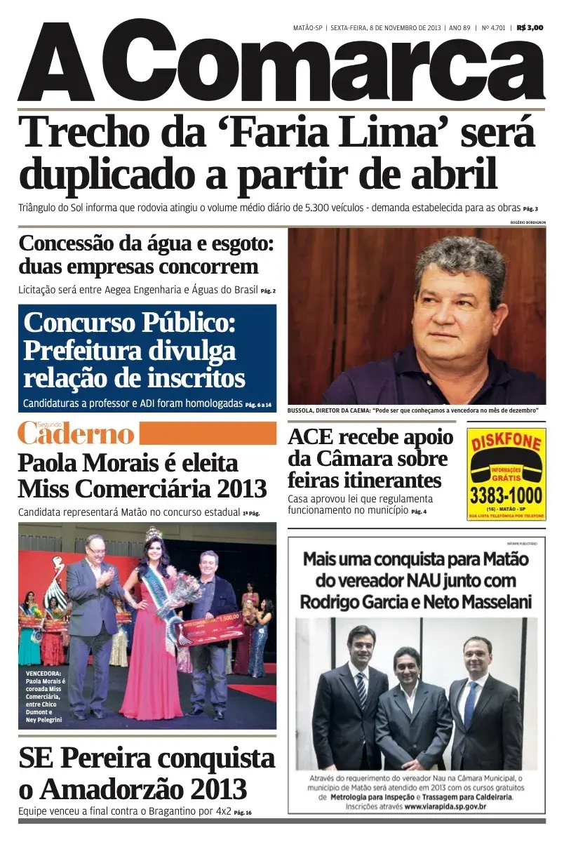 Primeira página da edição 4701 de A Comarca, 8 de novembro de 2013