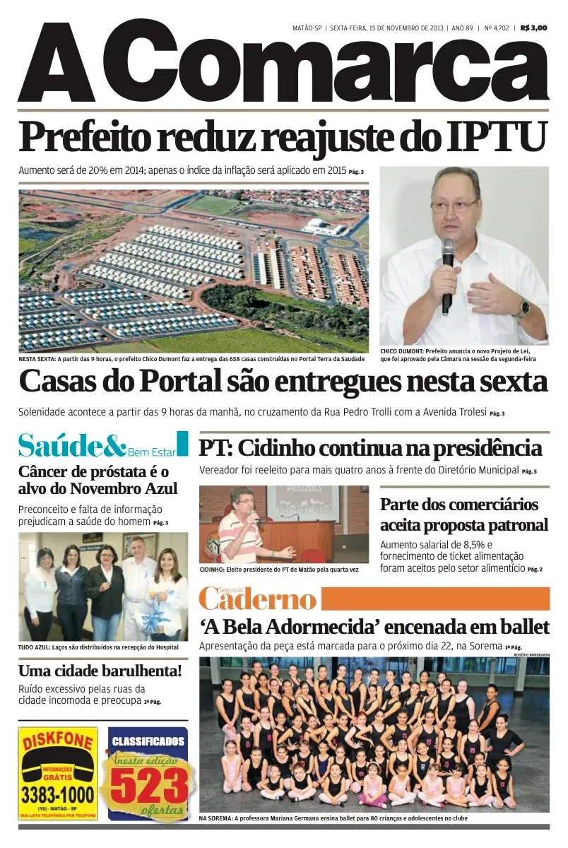 Primeira página da edição 4702 de A Comarca, 15 de novembro de 2013