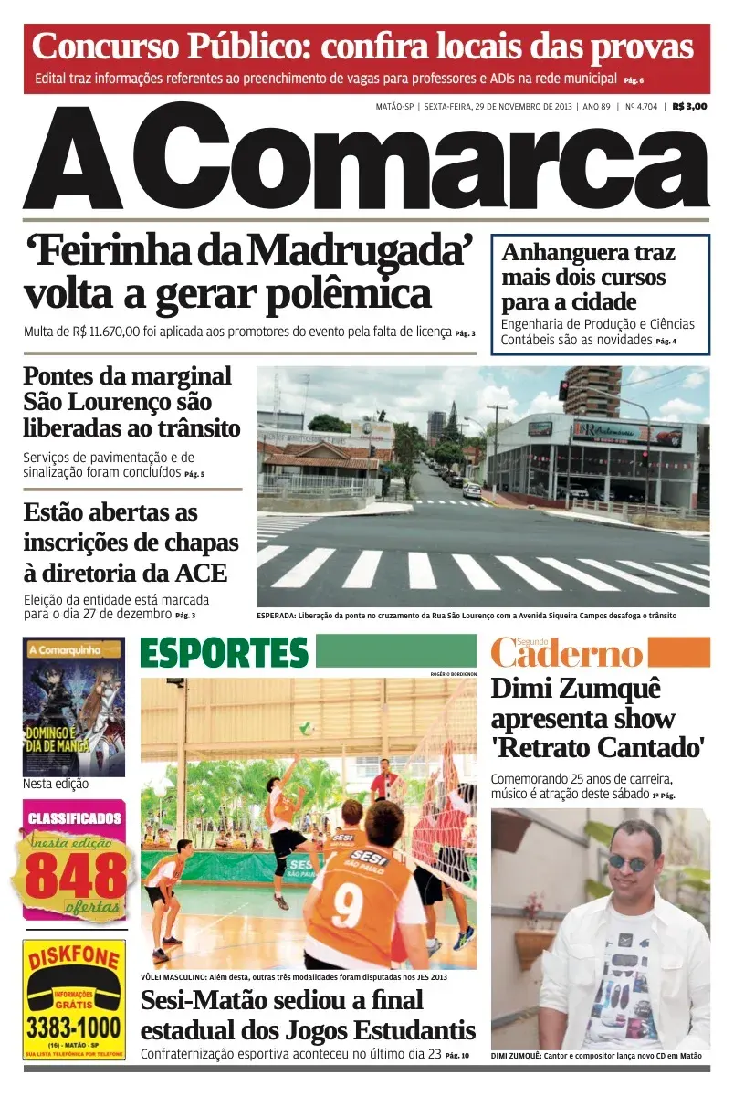 Primeira página da edição 4704 de A Comarca, 29 de novembro de 2013