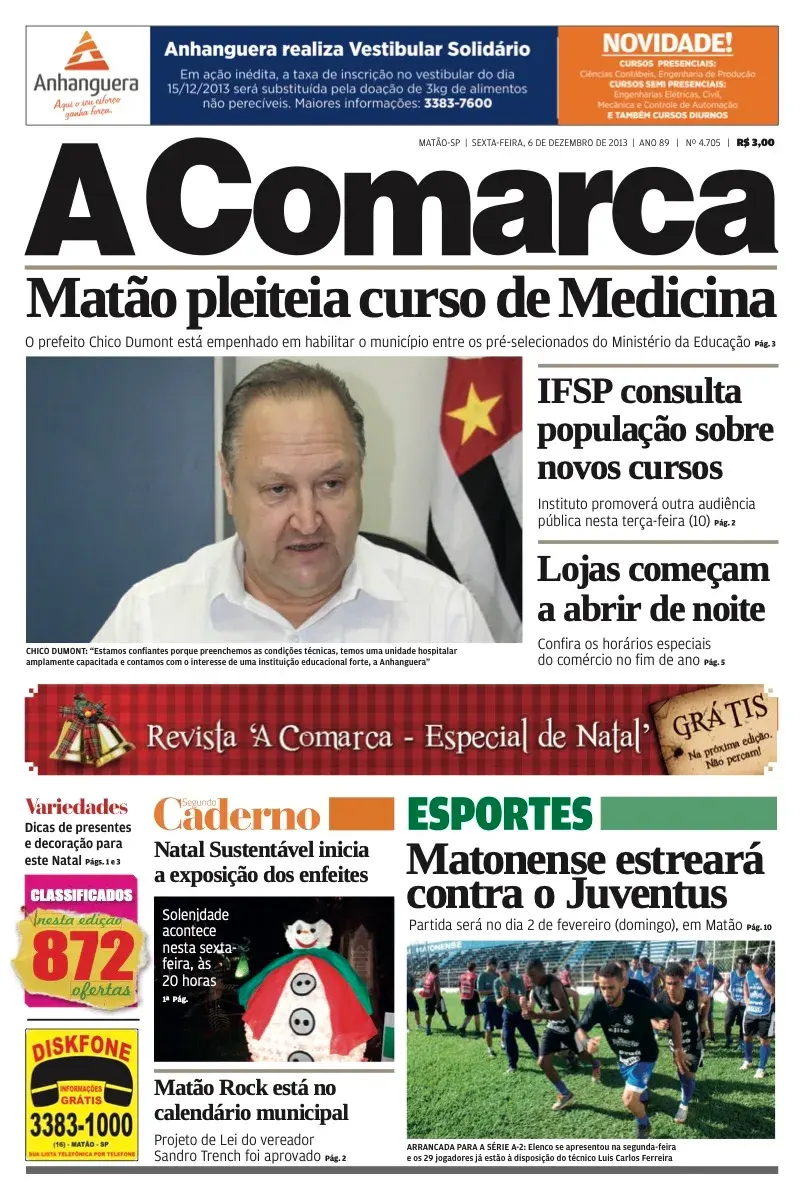 Primeira página da edição 4705 de A Comarca, 6 de dezembro de 2013